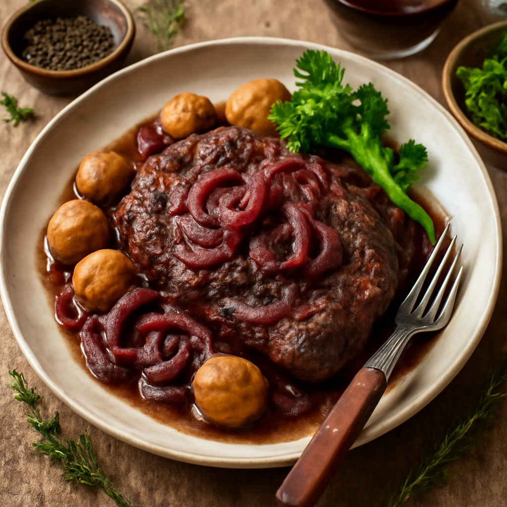 Chuck Steak with Red Onions and Red Wine