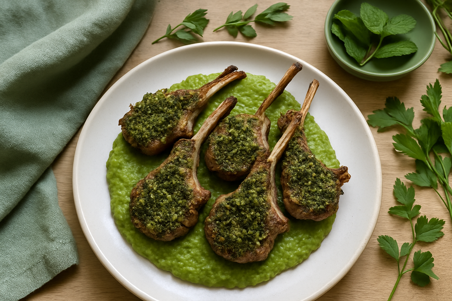 Herb-Crusted Lamb Chops with Minted Pea Purée