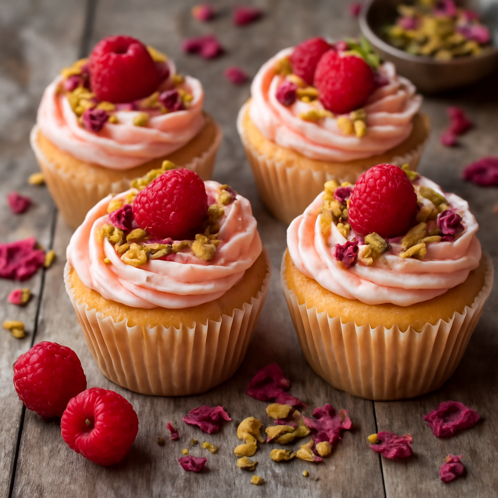Raspberry, pistachio and rose cupcakes