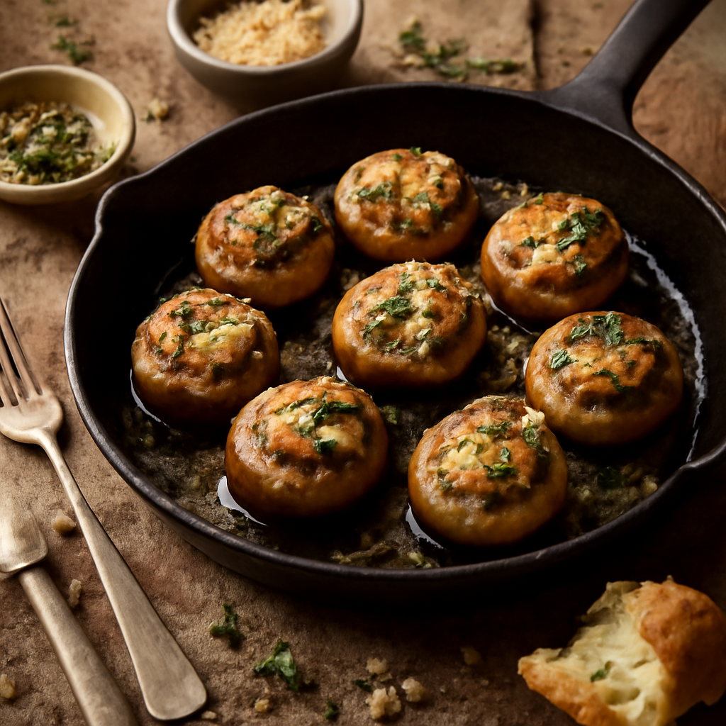 Sizzling Pan-Fried Stuffed Mushrooms